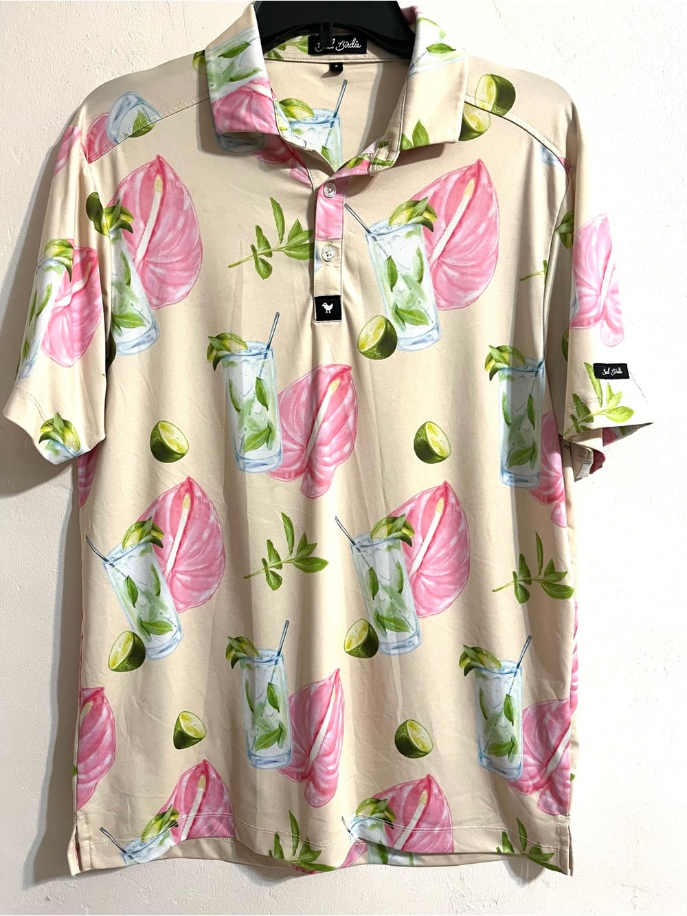 Bad Birdie Retired Tropical Mojito Print Golf Polo Cream Green & Pink Size Small